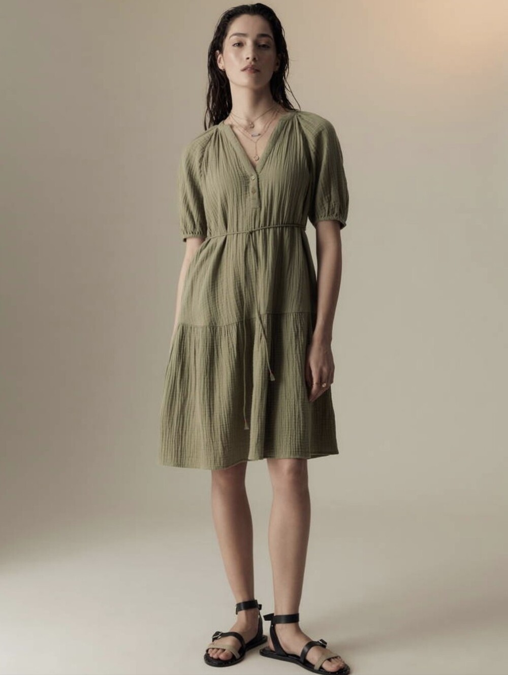 Marks & Spencer Per Una Pure Cotton Textured Notch Neck Tiered Khaki Dress Sz 12